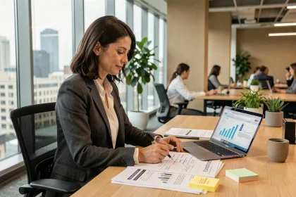 Femme professionnelle structurant un projet d'entreprise avec des documents et un ordinateur portable dans un bureau moderne