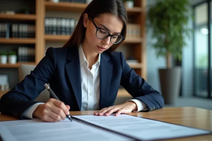 Femme en blazer marine relisant attentivement un contrat dans un bureau juridique moderne
