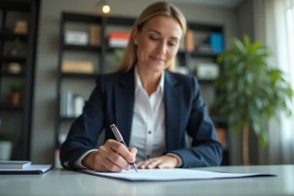 Femme professionnelle signant une lettre de démission à son bureau dans un bureau moderne
