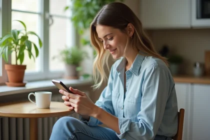 Femme souriante utilisant son smartphone dans une cuisine moderne