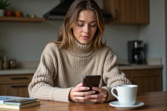 Jeune femme utilisant son smartphone dans un appartement parisien