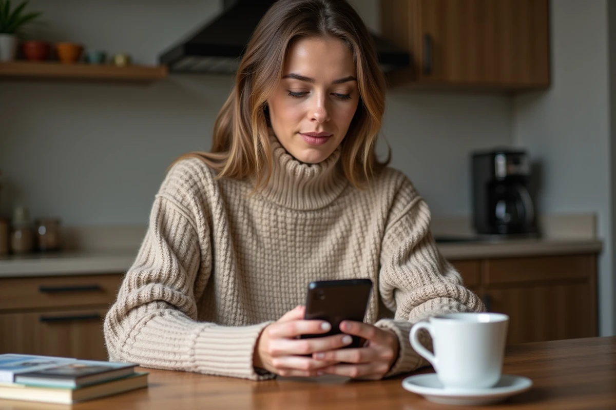 Jeune femme utilisant son smartphone dans un appartement parisien