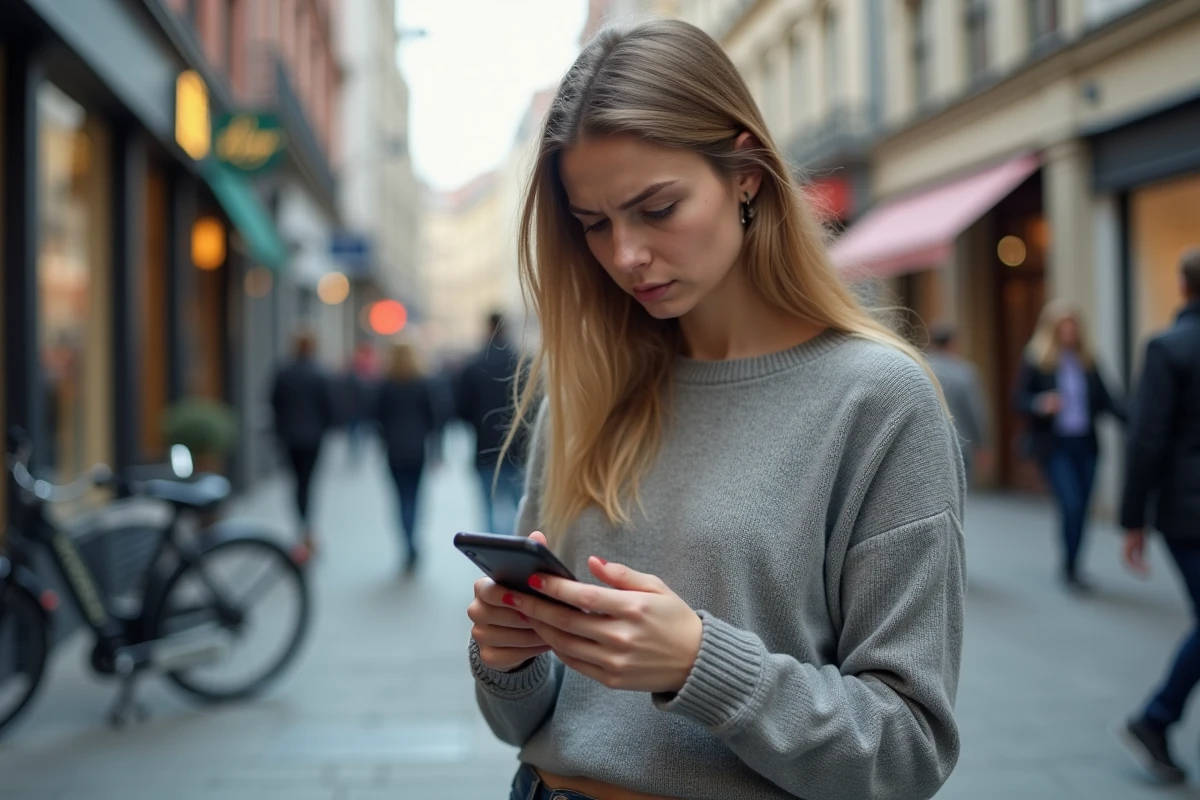 Jeune femme dans la rue regardant son téléphone anxieusement