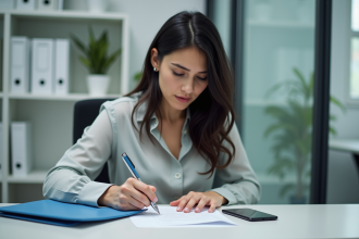 Femme au bureau remplissant des papiers dans un espace moderne