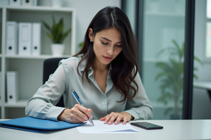 Femme au bureau remplissant des papiers dans un espace moderne
