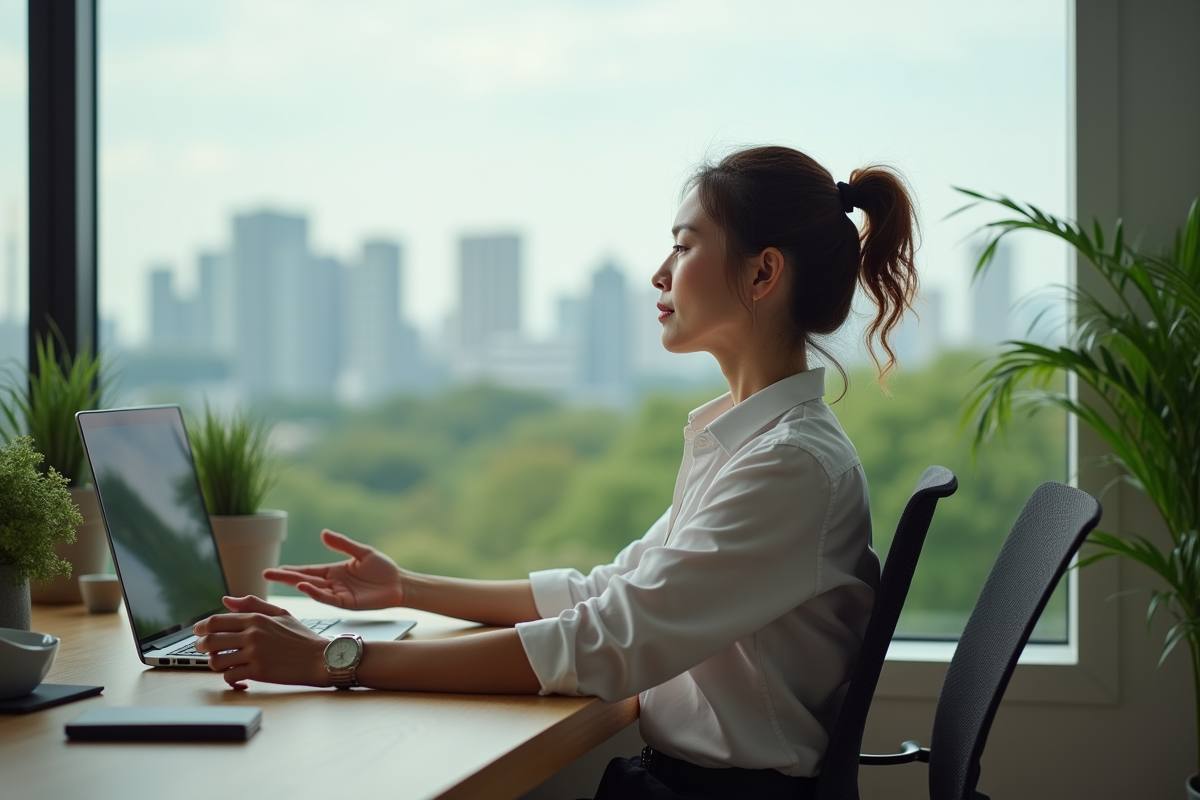 Femme d age moyen s etirant à son bureau moderne