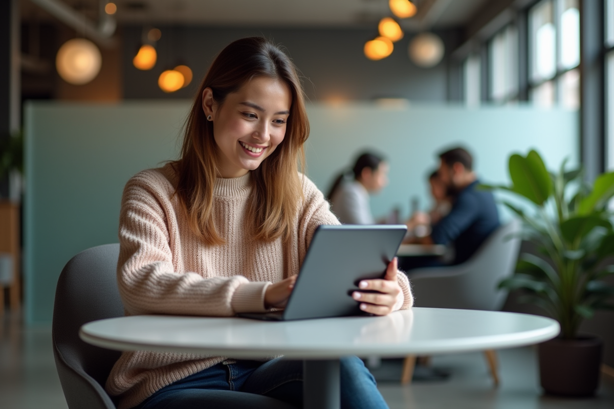 Femme souriante utilisant une tablette dans un espace de coworking
