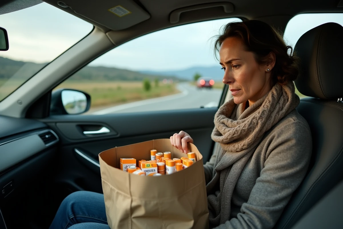 Femme dans une voiture avec sac de cigarettes au bord de la route