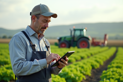 Fermeur moderne utilisant une tablette dans un champ verdoyant