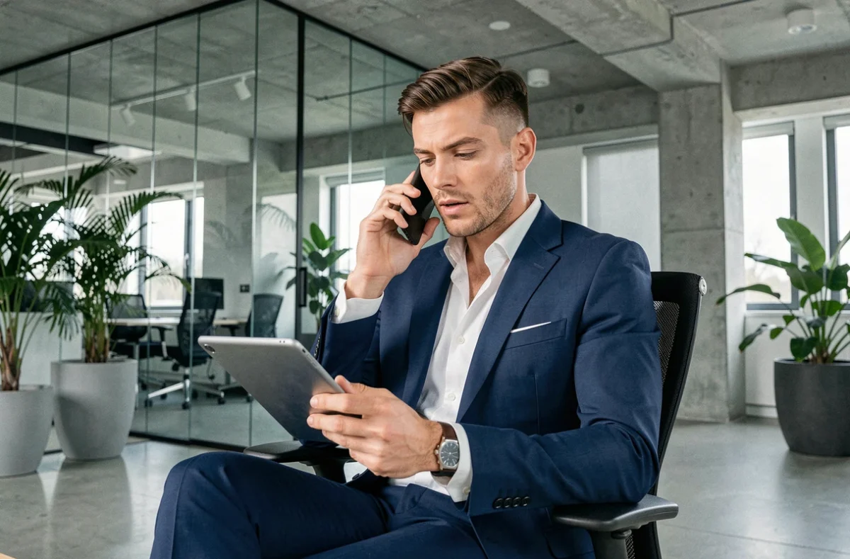 Florian De Saint-Pol, avocat en droit des affaires, au téléphone dans un bureau open-space contemporain avec tablette