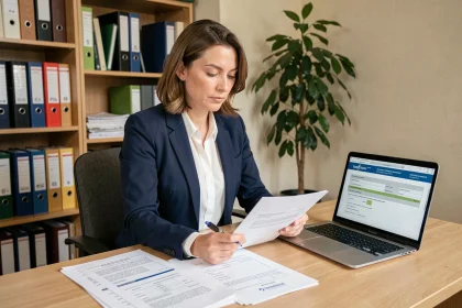 Fonctionnaire femme créant sa micro-entreprise depuis son bureau à domicile avec documents administratifs