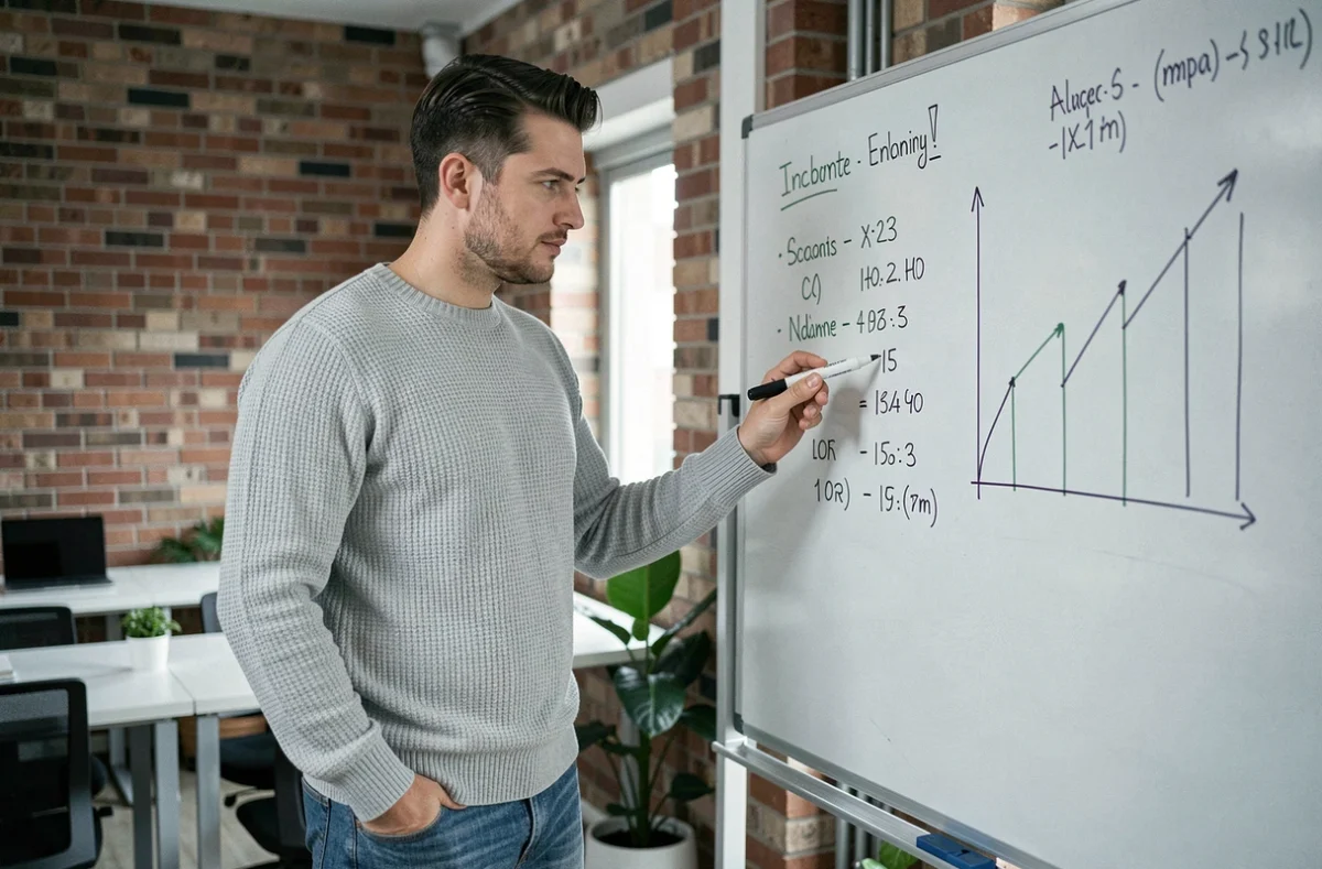 Freelance masculin analysant l'évolution de ses cotisations sociales après la fin de l'exonération ACRE au tableau blanc d'un espace de coworking