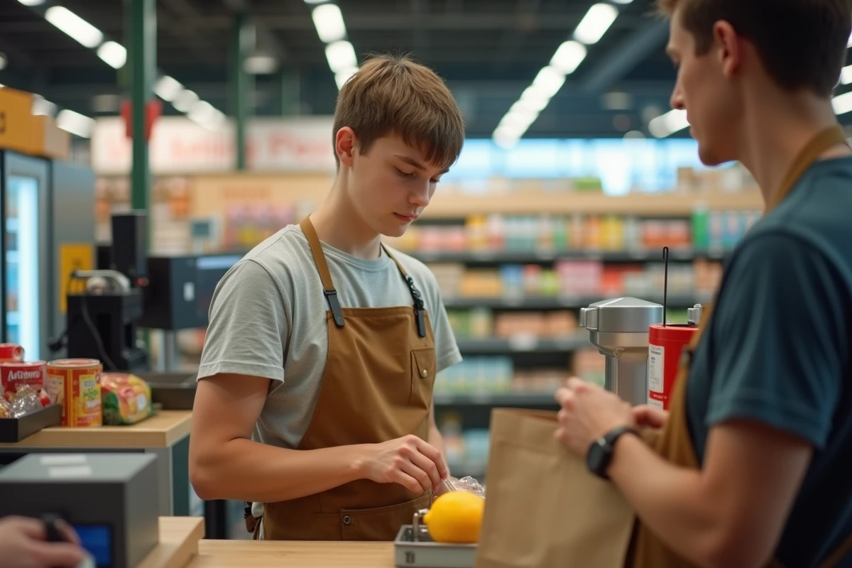 Étudiant en uniforme scannant des produits en supermarché