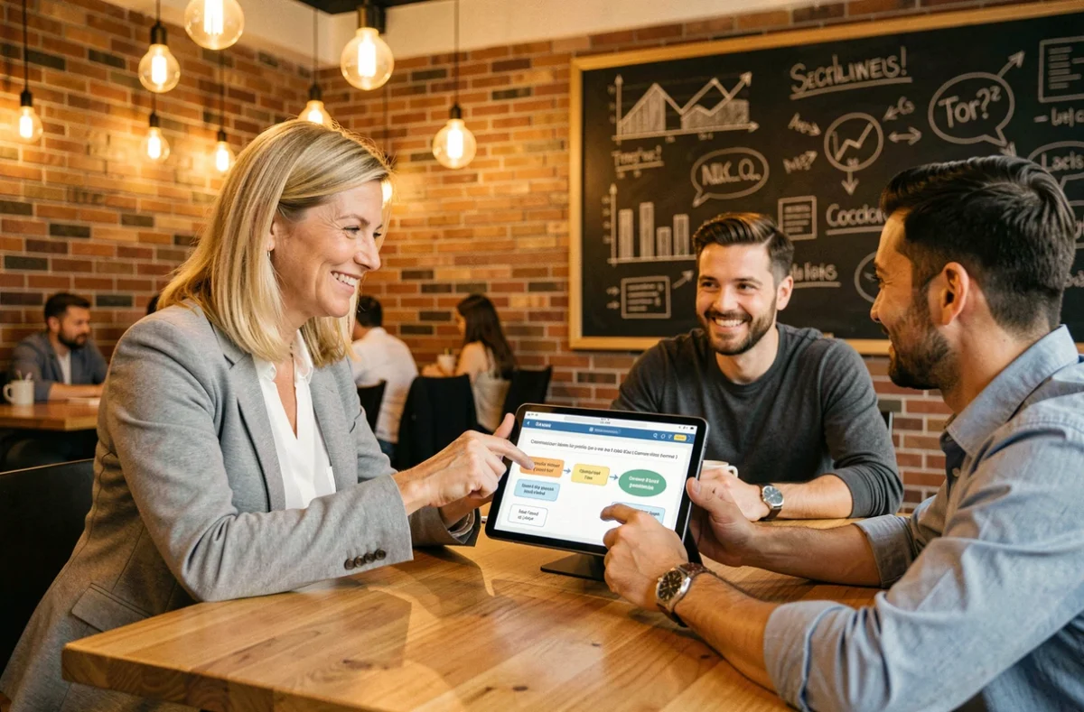 Consultante de l'agence Gazelle présentant une stratégie de communication digitale à des dirigeants de TPE/PME dans un espace coworking chaleureux