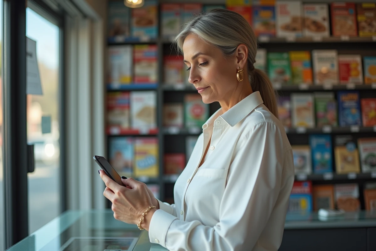 Gérante de tabac-presse accédant au portail Professionjeux FDJ depuis son smartphone en boutique