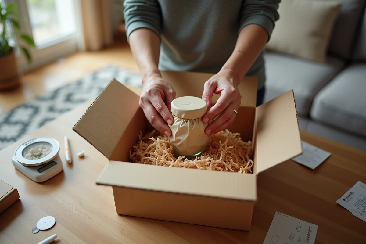 Gros plan sur des mains emballant soigneusement un produit fragile dans du papier de soie pour un travail d'emballage à domicile