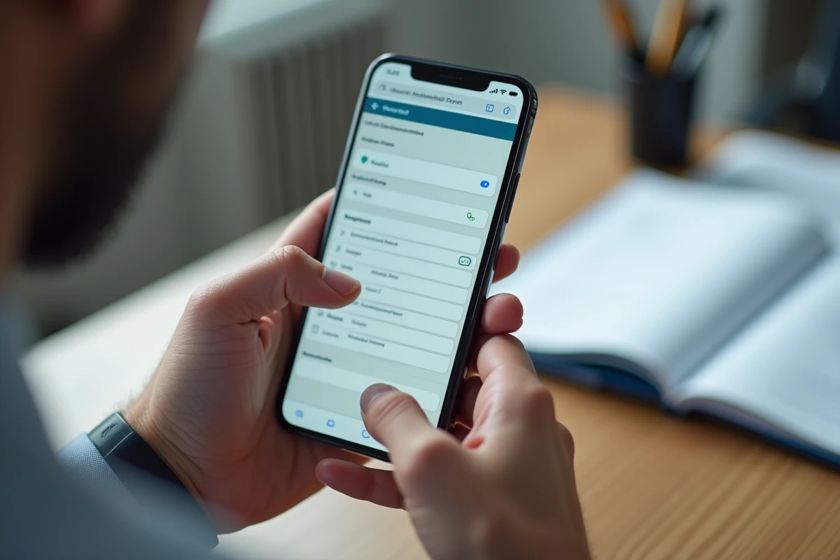 Gros plan sur un smartphone affichant le portail FDJ Professionjeux dans un bureau de professionnel