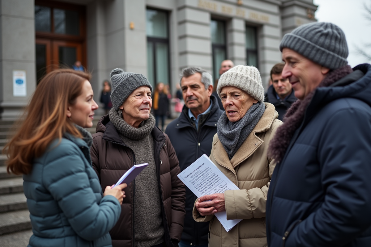 Groupe diversifié de personnes discutant devant un bâtiment québécois