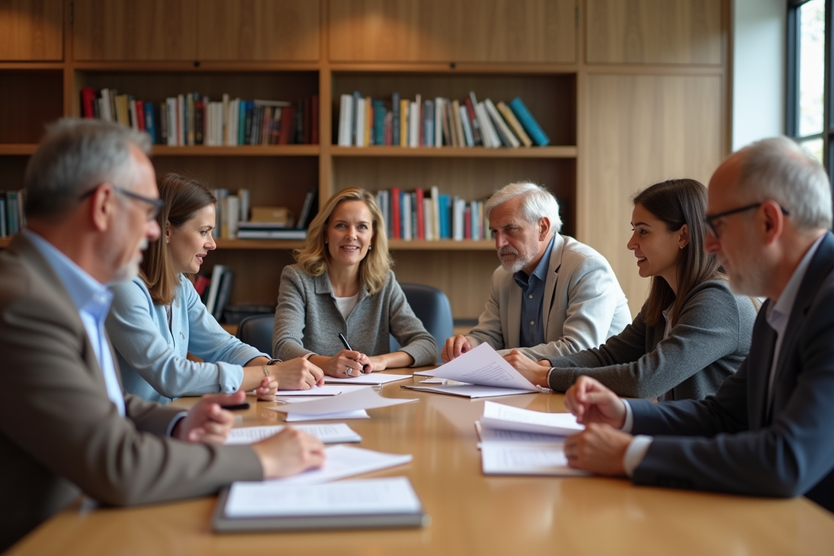 Groupe de personnes discutant autour d'une table en centre communautaire