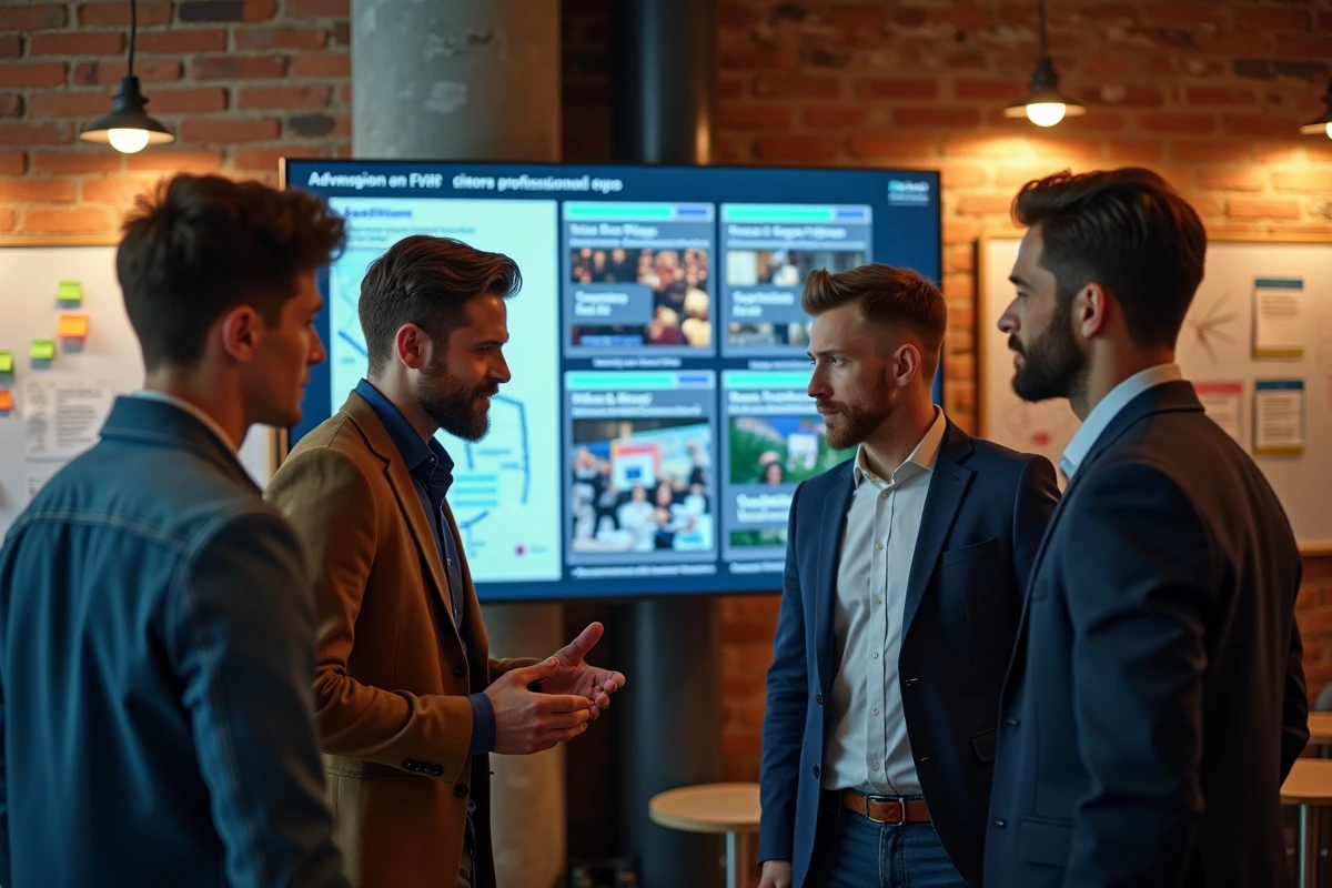 Groupe de fondateurs de startup comparant des événements professionnels sur un écran interactif dans un espace accelerateur