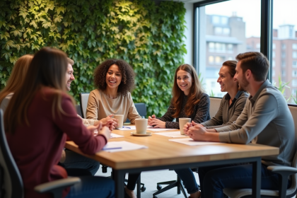 Groupe de professionnels discutant dans un bureau écologique