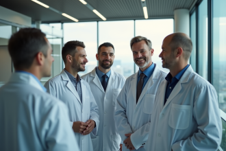 Groupe de professionnels scientifiques dans un espace lumineux