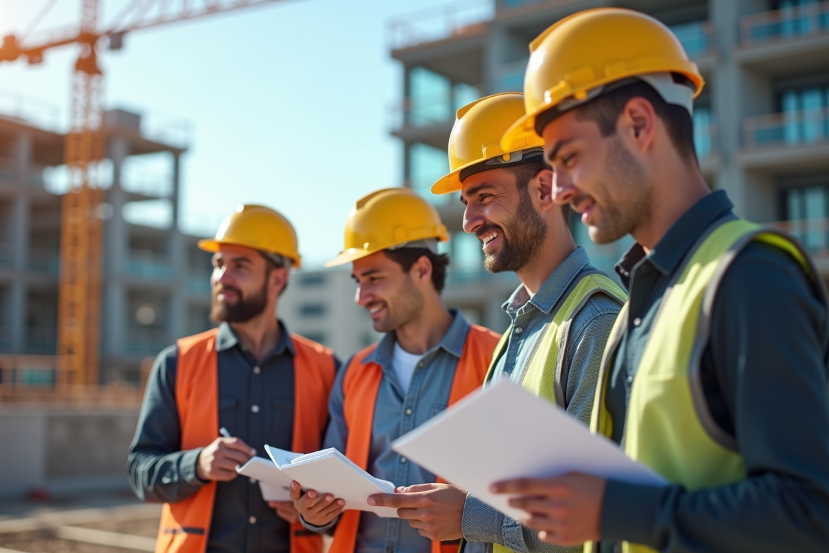 Groupe de stagiaires immobilier observant un bâtiment
