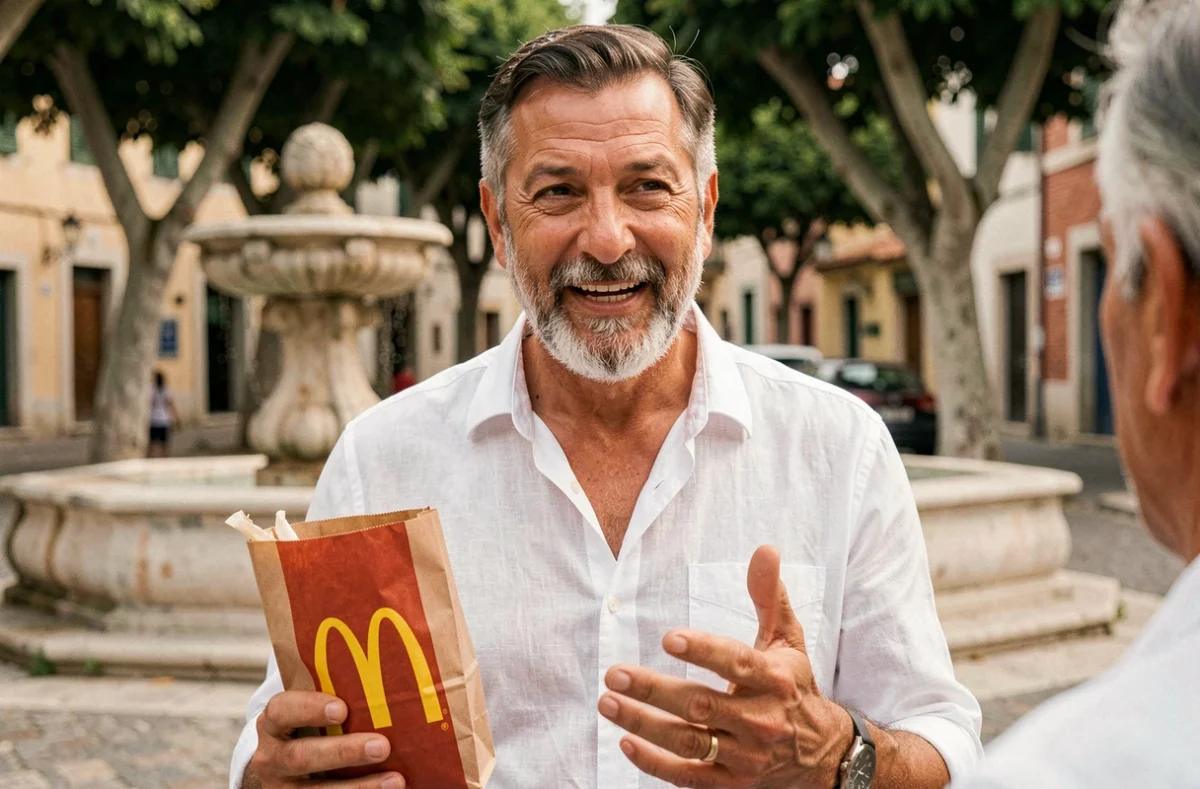 Portrait d'un homme corse tenant un sac McDonald's dans un village traditionnel de Corse, mêlant identité locale et culture fast-food
