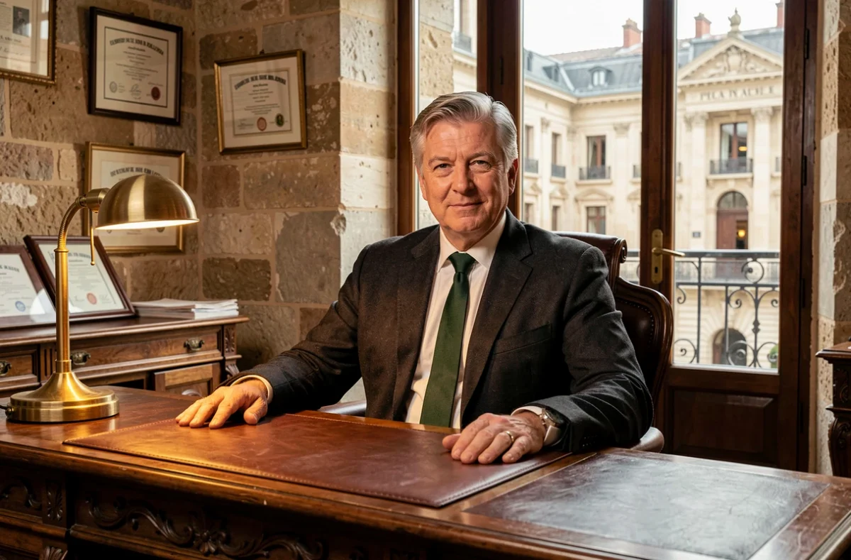 Henri Aran, avocat en droit des affaires à Bordeaux, assis à son bureau antique avec vue sur la Place de la Bourse