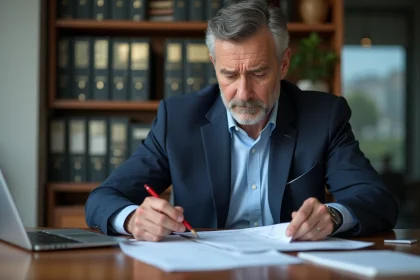 Homme d'affaires en costume bleu examine un document financier