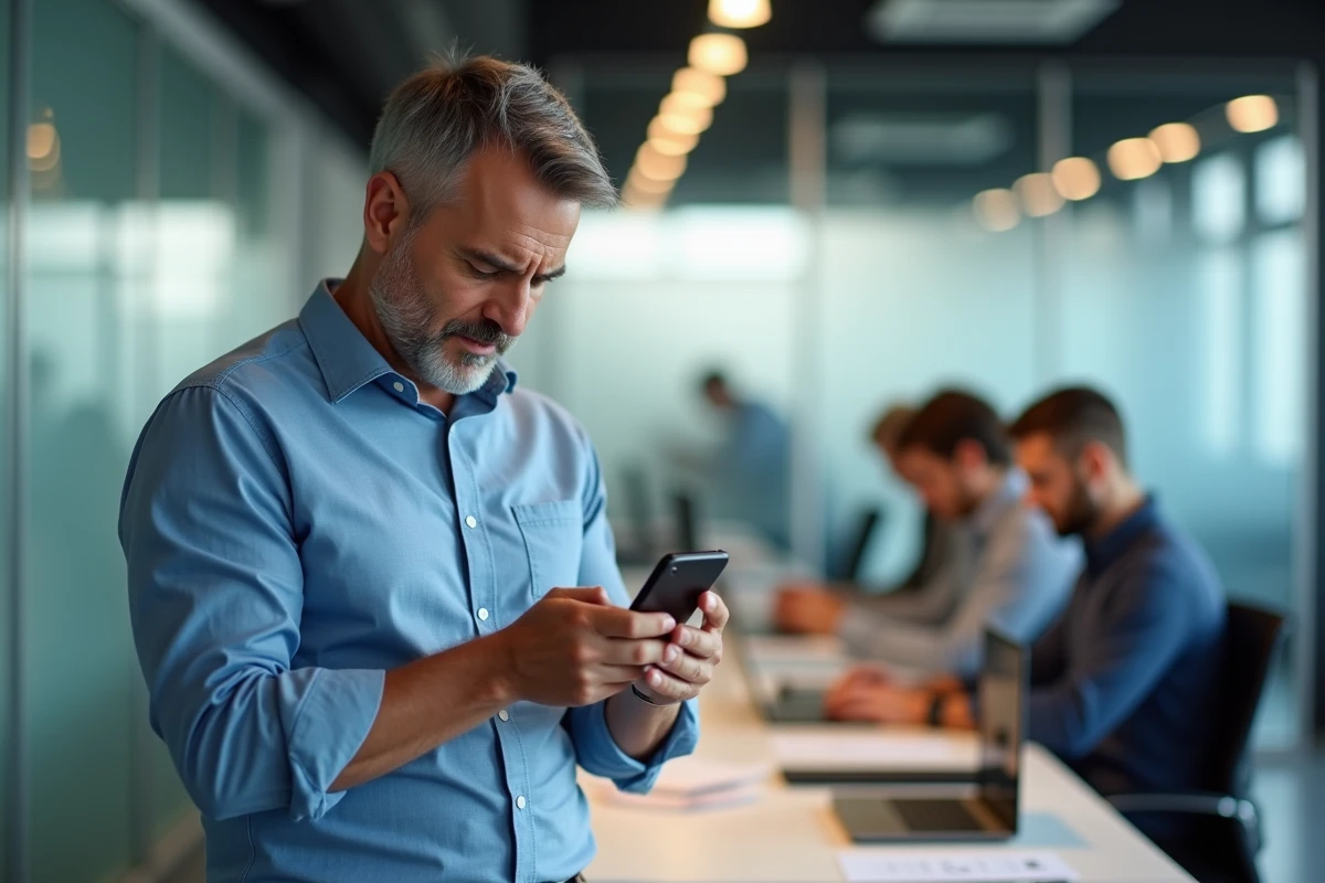 Homme en bureau cherchant à joindre un conseiller Orange par téléphone