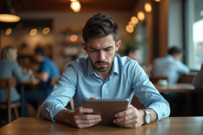 Jeune homme en café regardant une critique négative sur sa tablette