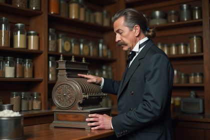 Homme d'époque utilisant une caisse enregistreuse ancienne
