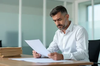 Homme en chemise blanche lisant une convocation pour faute grave dans une salle de réunion professionnelle