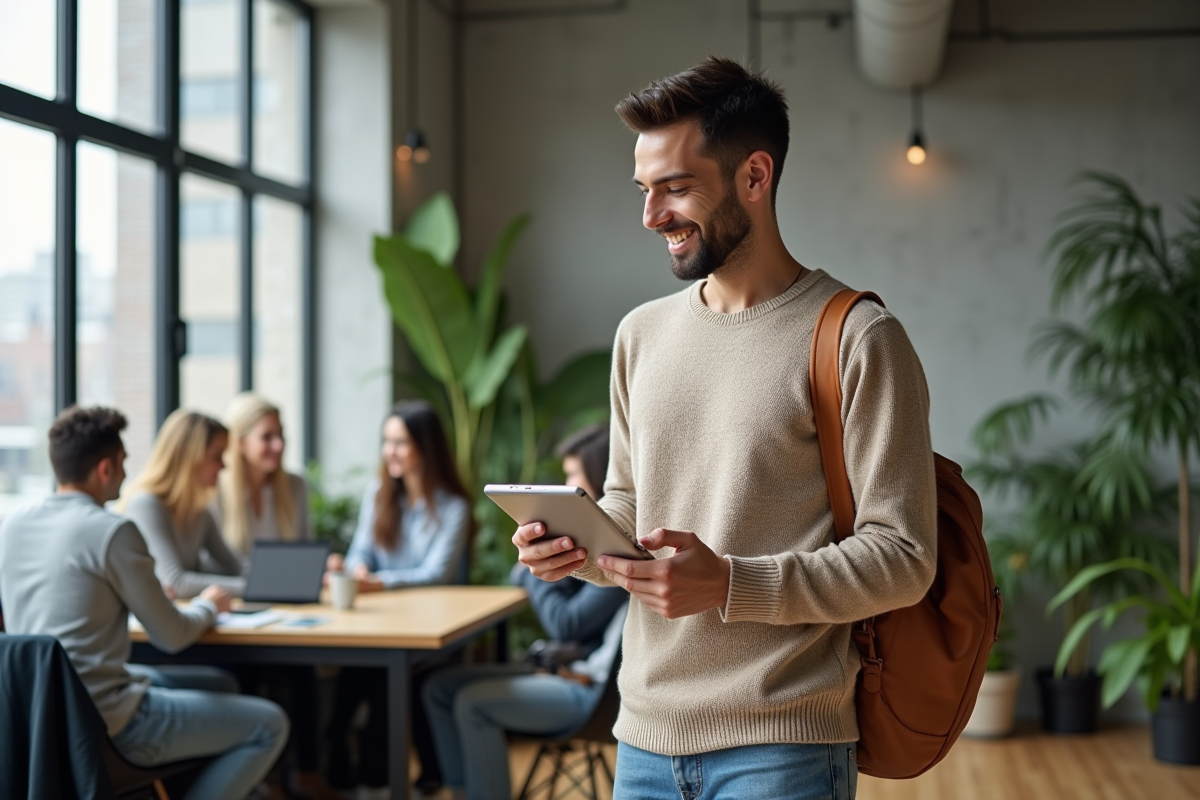 Jeune homme souriant dans un espace de coworking urbain