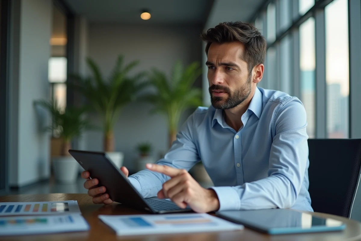 Homme pointant un tableau financier sur une tablette
