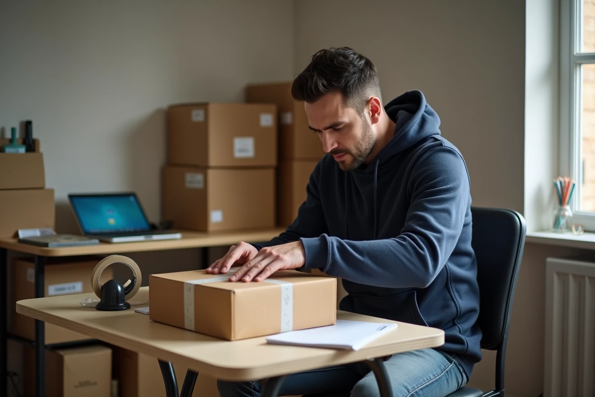 Homme emballant des colis dans une chambre aménagée en espace de travail à domicile pour un emploi de conditionnement manuel