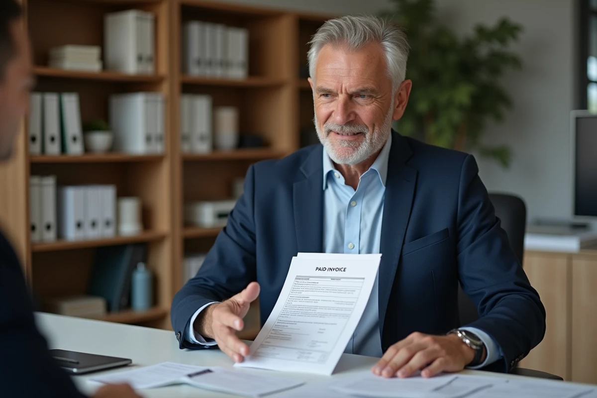 Homme d affaires expliquant une facture payee à un collègue