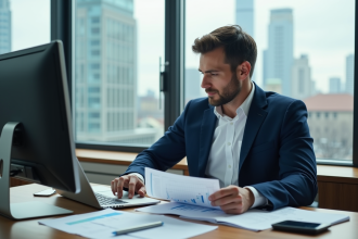 Homme en costume analyse des graphiques financiers au bureau