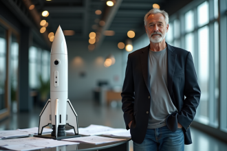 Homme en blazer devant un modèle de fusée dans un espace moderne