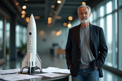Homme en blazer devant un modèle de fusée dans un espace moderne