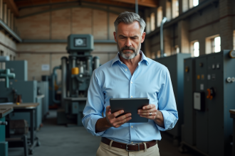 Homme d'âge moyen dans une usine regardant une tablette
