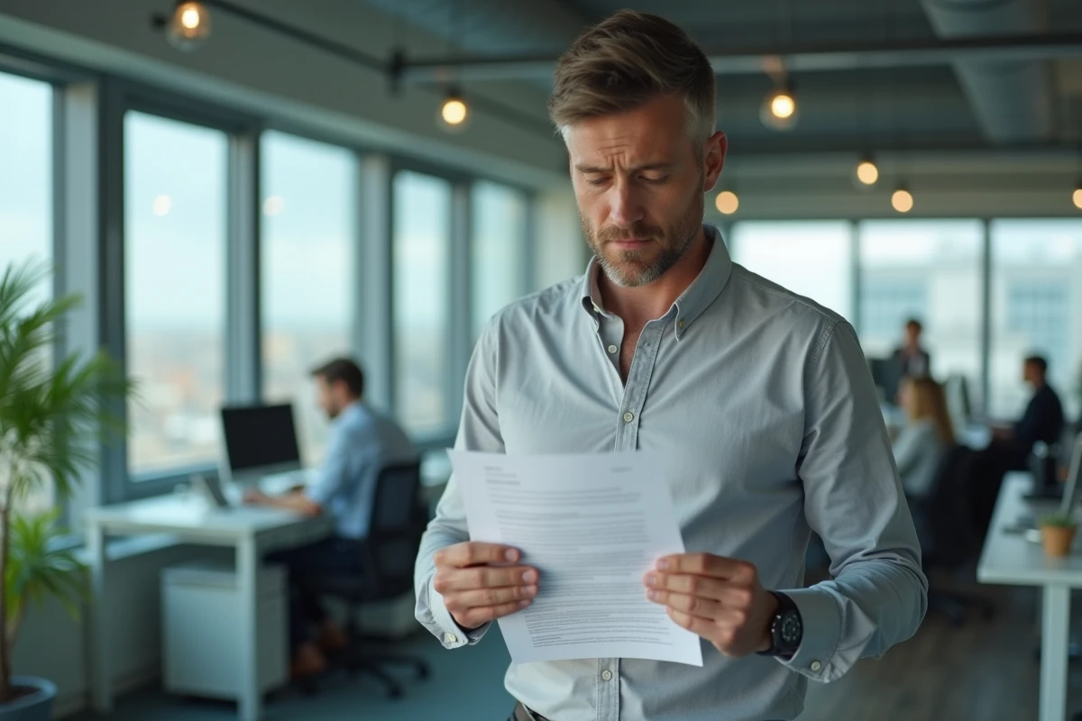 Homme lisant attentivement sa lettre de démission devant une fenêtre de bureau