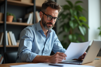 Homme en bureau lisant un contrat de licence numérique