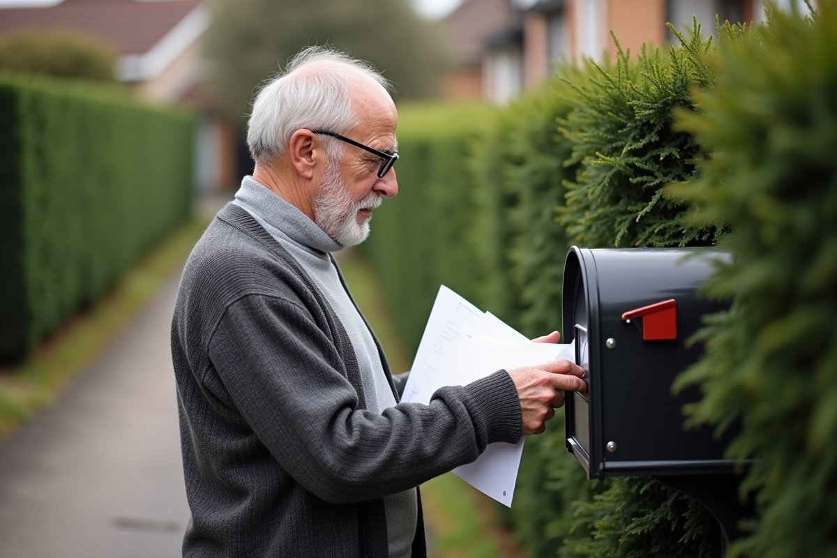 Homme âgé récupérant du courrier devant sa maison