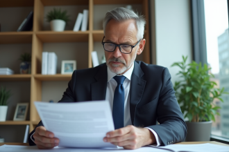 Homme d'affaires québécois lisant un document officiel Loi 15