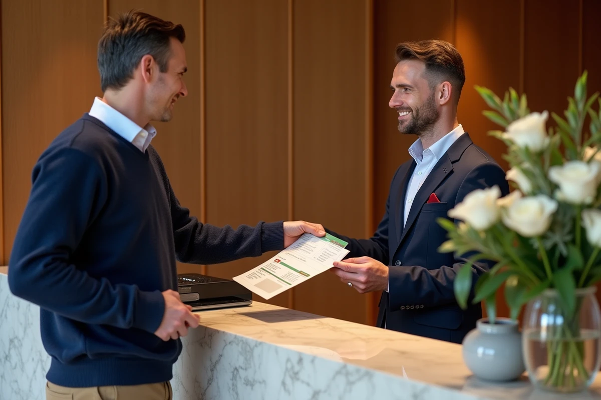 Homme remettant des chèques-vacances à la réception d'un hôtel français