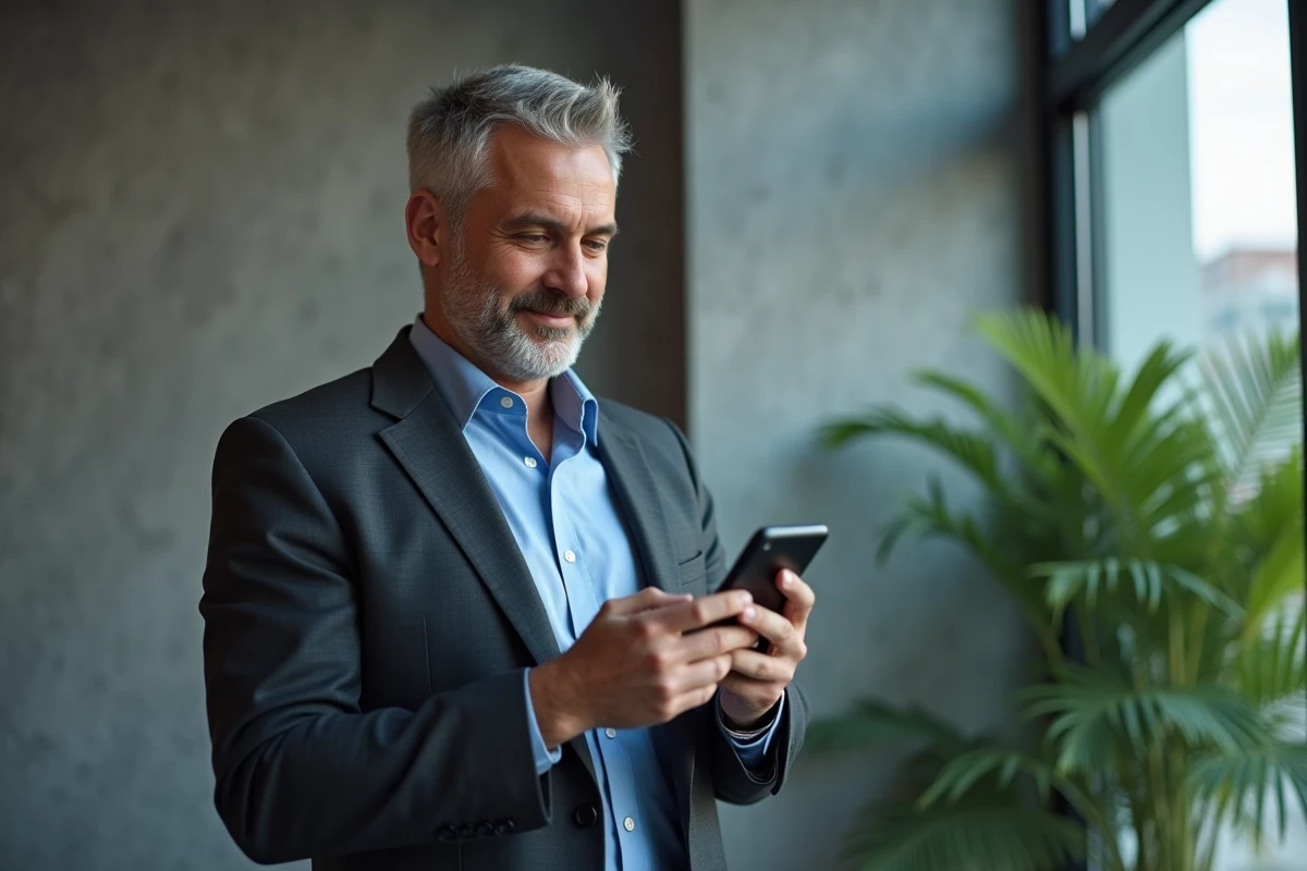 Homme d age moyen vérifiant un email sur son smartphone au bureau