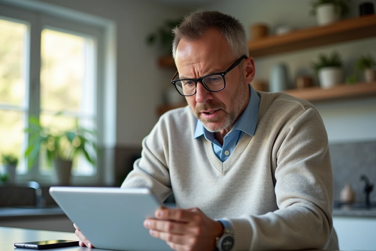 Homme vérifiant ses paramètres de sécurité sur une tablette à la maison