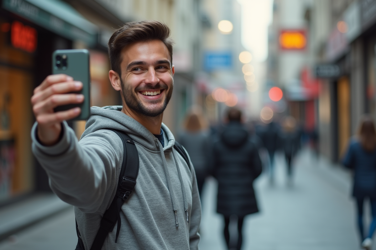 Jeune homme prenant un selfie dans une rue urbaine animée